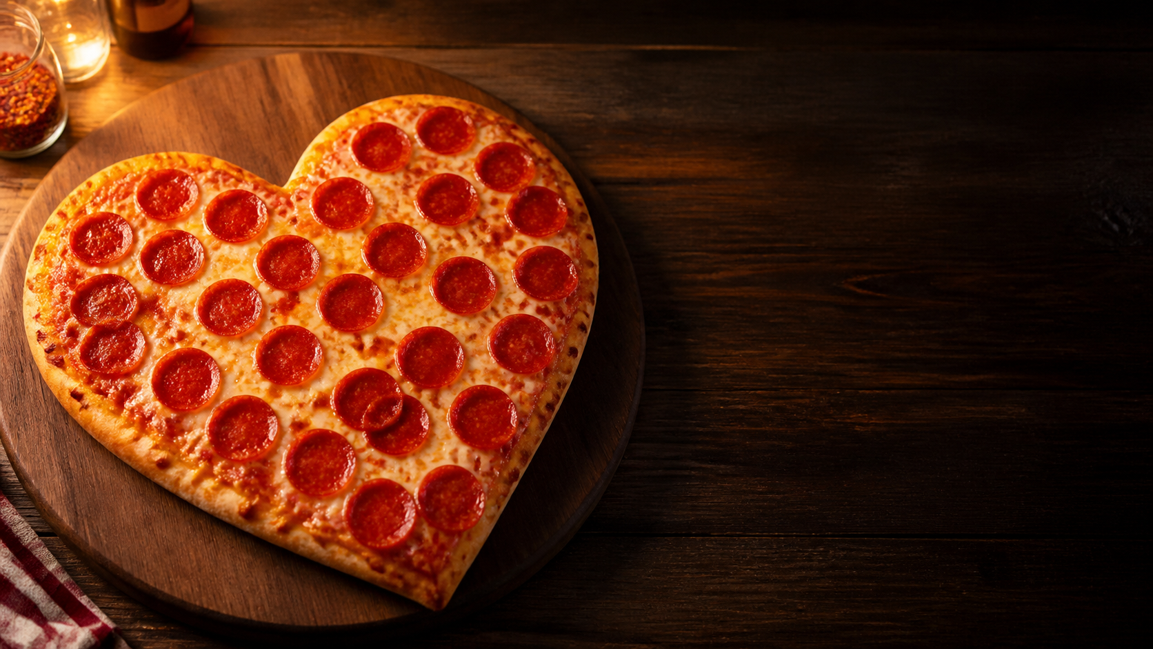 Pizza em formato de coração sobre uma mesa de madeira